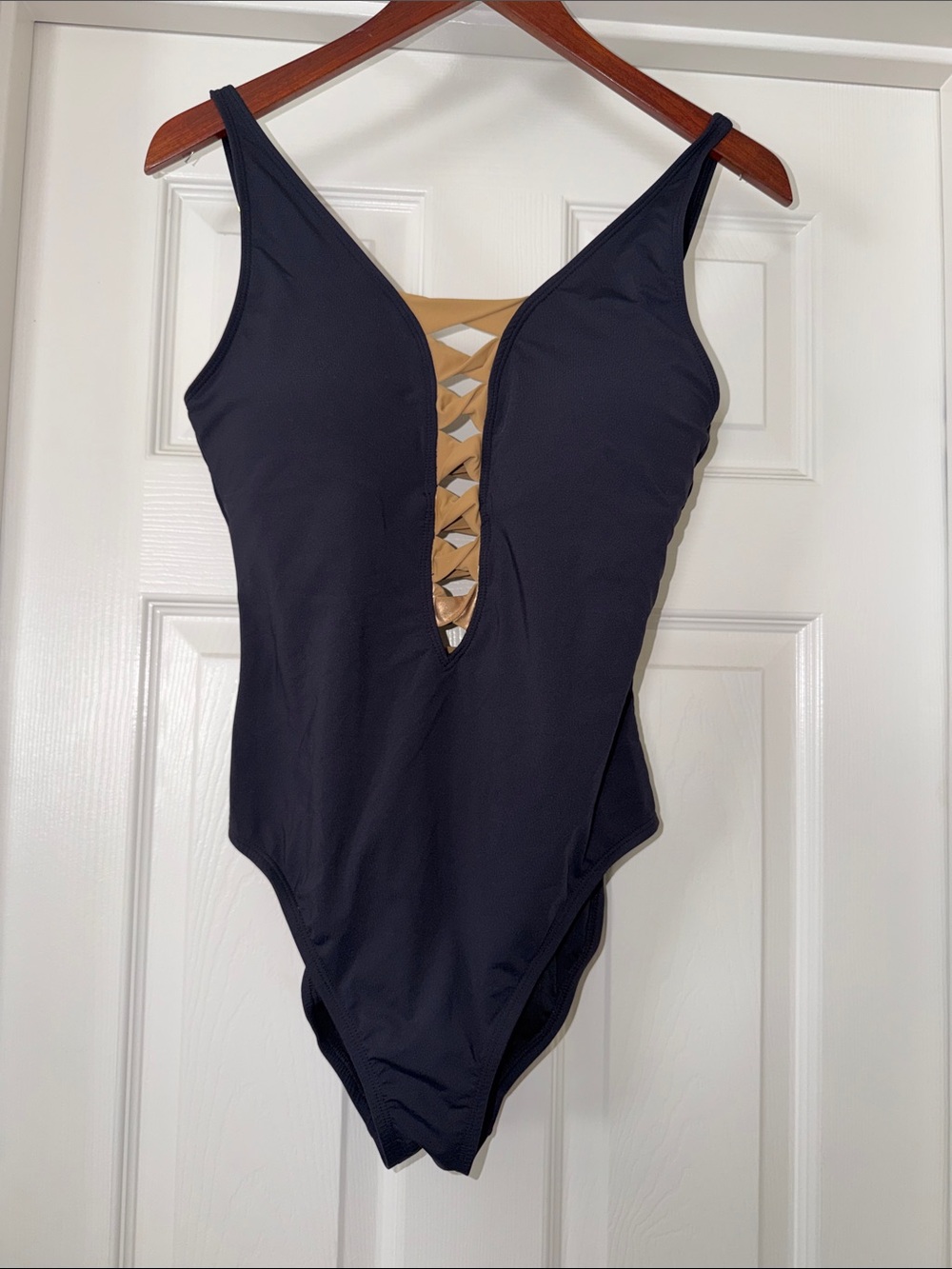 Bleu Rod Beattie Black One-Piece Swimsuit with gold Lattice Front and back